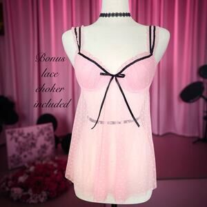 Vintage Pink Polka Dot Babydoll Nightie 34B + Bonus Black Lace Choker